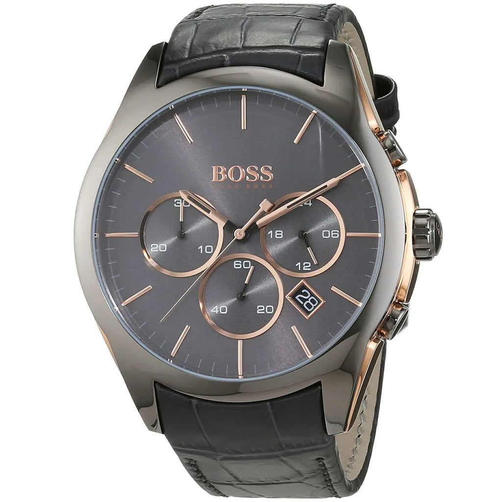 Hugo Boss Onyx 1513366 44mm Men’s Chronograph Watch – Grey Dial & Grey Leather Strap