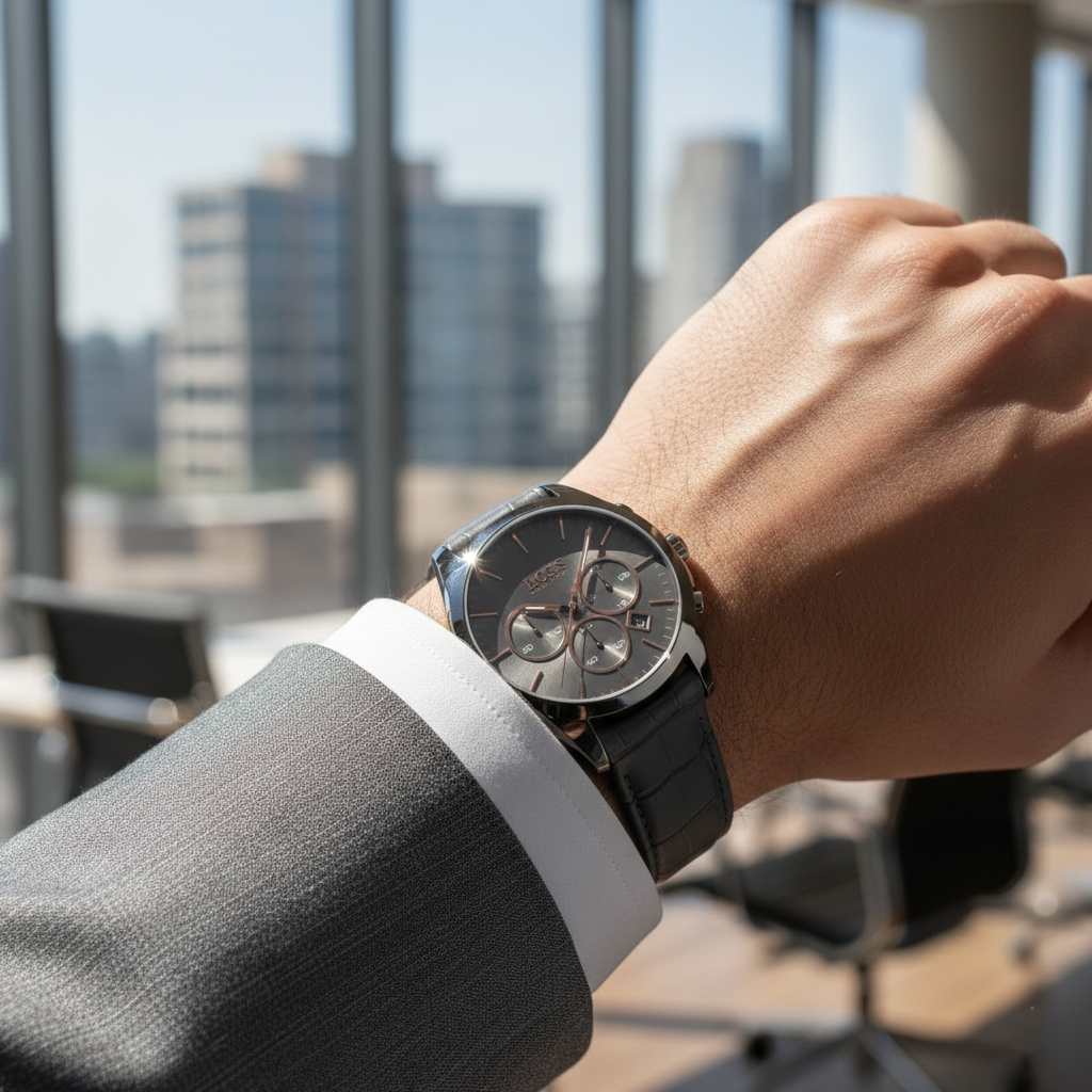 Hugo Boss Onyx 1513366 44mm Men’s Chronograph Watch – Grey Dial & Grey Leather Strap