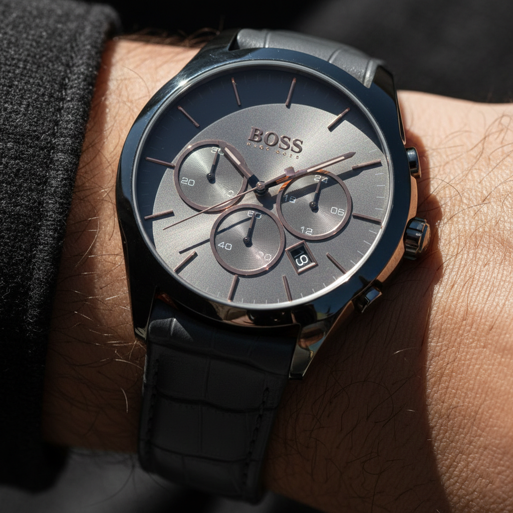 Hugo Boss Onyx 1513366 44mm Men’s Chronograph Watch – Grey Dial & Grey Leather Strap
