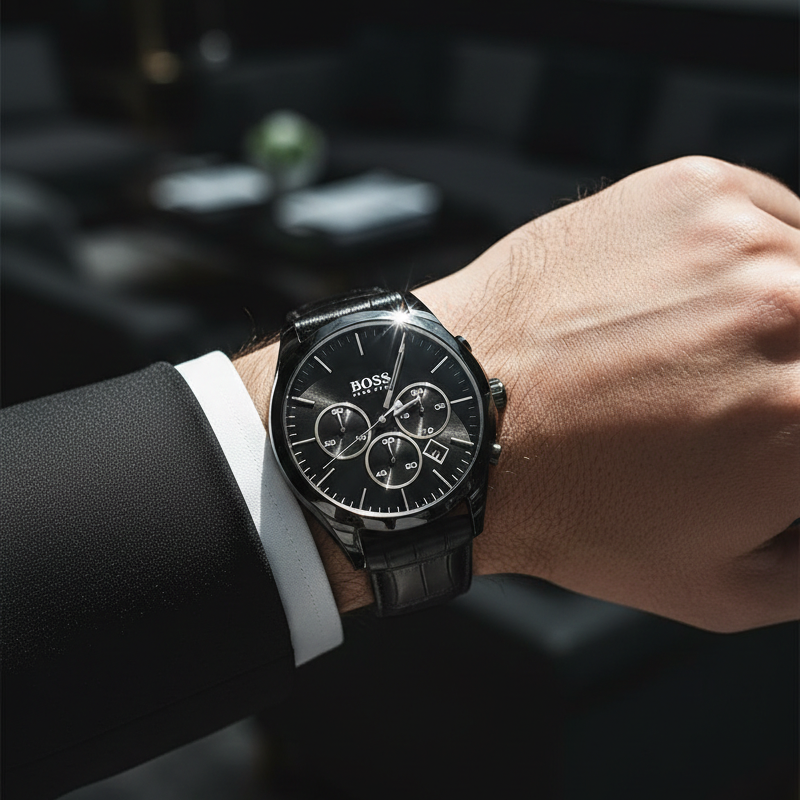 Hugo Boss Onyx 1513367 44mm Men’s Chronograph Watch – Black Dial & Black Leather Strap