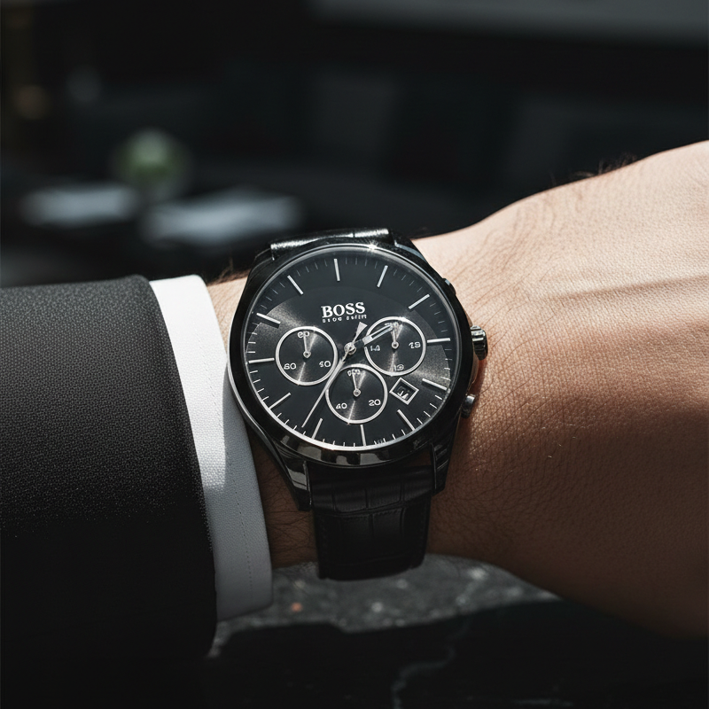 Hugo Boss Onyx 1513367 44mm Men’s Chronograph Watch – Black Dial & Black Leather Strap
