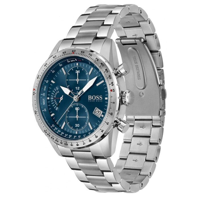 Hugo Boss Pilot 1513850 44mm Men’s Chronograph Watch – Blue Dial & Stainless Steel Bracelet