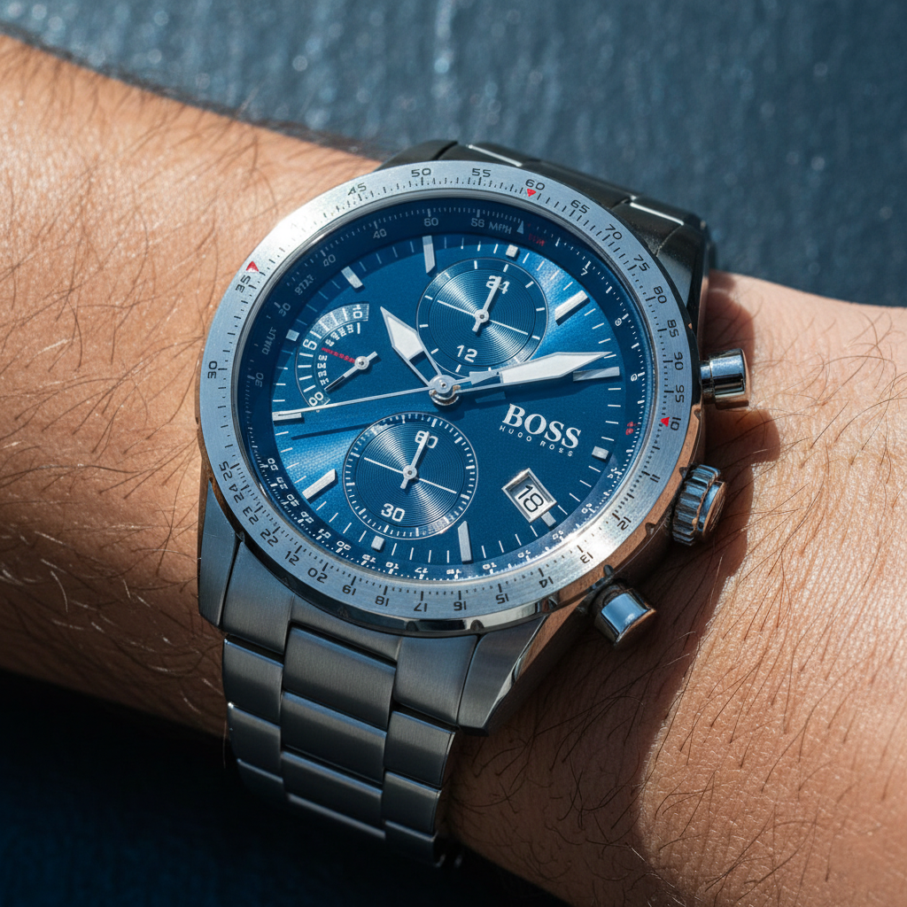 Hugo Boss Pilot 1513850 44mm Men’s Chronograph Watch – Blue Dial & Stainless Steel Bracelet