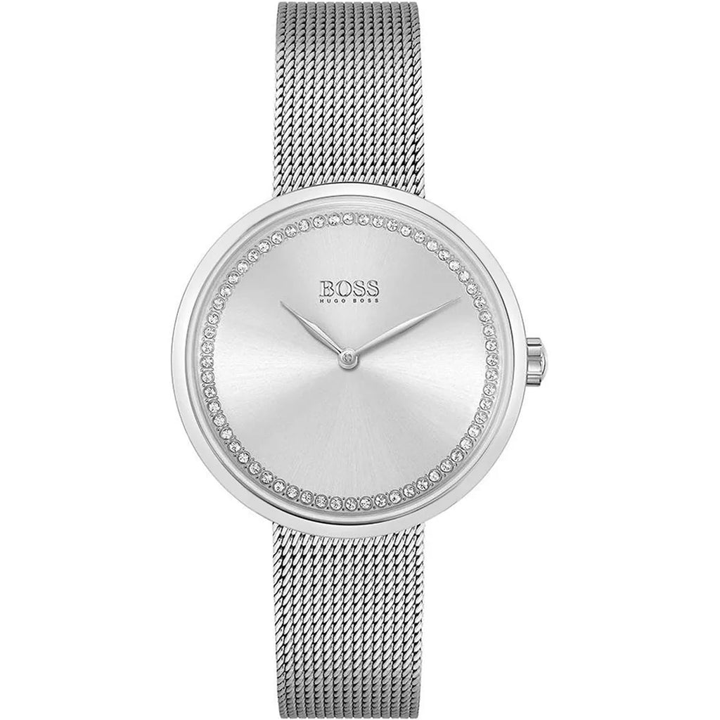 Hugo Boss Praise 1502546 36mm Women’s Two-Hand Quartz Watch – Silver Sunray Dial with Crystal Ring & Silver Stainless Steel Mesh Bracelet