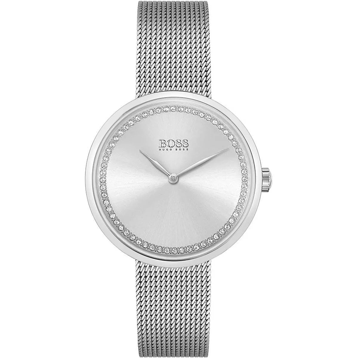 Hugo Boss Praise 1502546 36mm Women’s Two-Hand Quartz Watch – Silver Sunray Dial with Crystal Ring & Silver Stainless Steel Mesh Bracelet