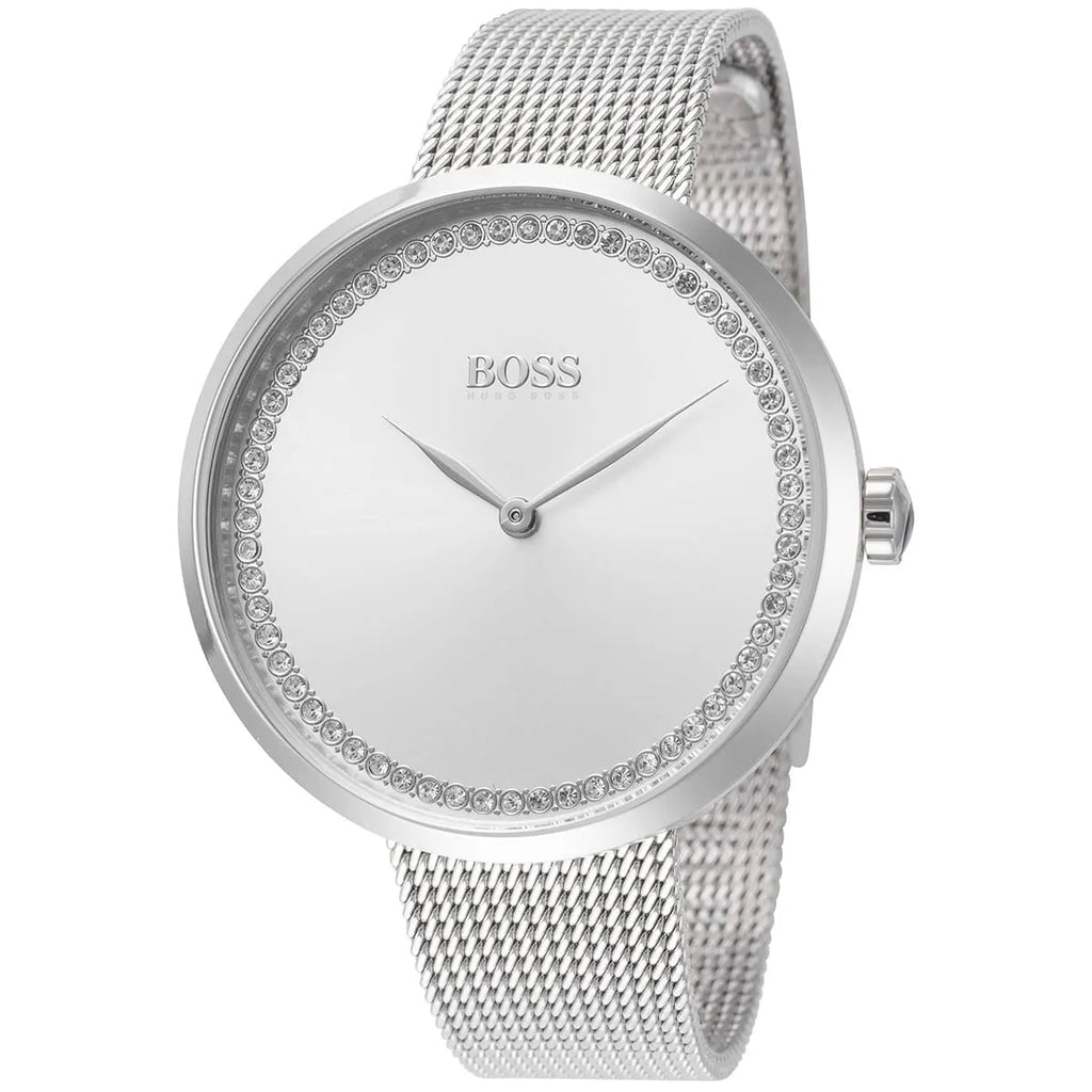 Hugo Boss Praise 1502546 36mm Women’s Two-Hand Quartz Watch – Silver Sunray Dial with Crystal Ring & Silver Stainless Steel Mesh Bracelet