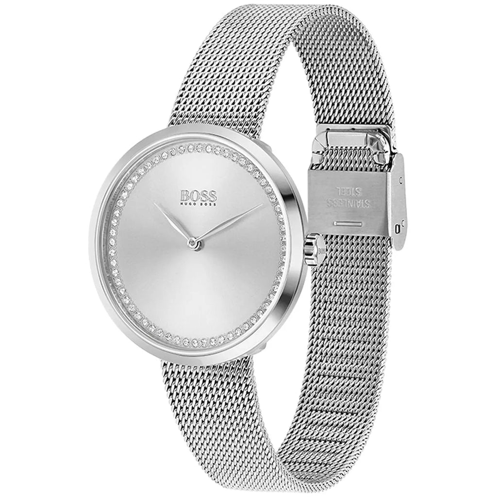 Hugo Boss Praise 1502546 36mm Women’s Two-Hand Quartz Watch – Silver Sunray Dial with Crystal Ring & Silver Stainless Steel Mesh Bracelet