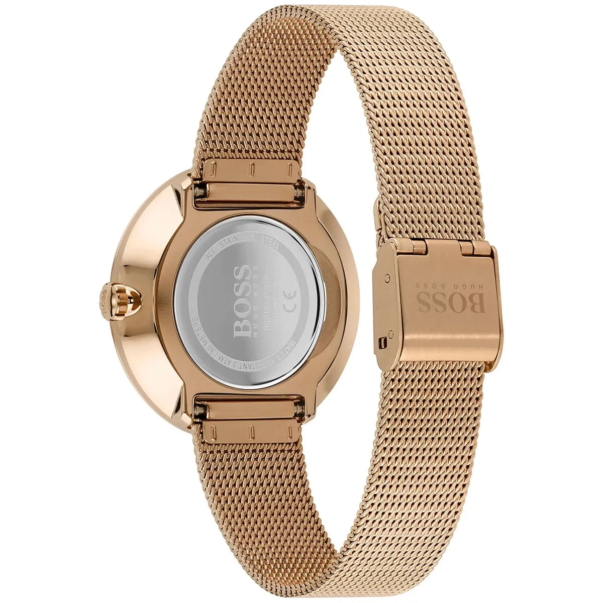 Hugo Boss Praise 1502548 36mm Women’s Two-Hand Quartz Watch – Rose Gold Sunray Dial with Crystal Ring & Rose Gold Stainless Steel Mesh Bracelet