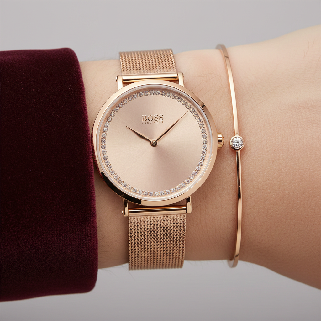 Hugo Boss Praise 1502548 36mm Women’s Two-Hand Quartz Watch – Rose Gold Sunray Dial with Crystal Ring & Rose Gold Stainless Steel Mesh Bracelet