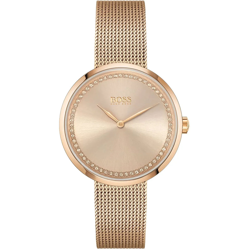 Hugo Boss Praise 1502548 36mm Women’s Two-Hand Quartz Watch – Rose Gold Sunray Dial with Crystal Ring & Rose Gold Stainless Steel Mesh Bracelet