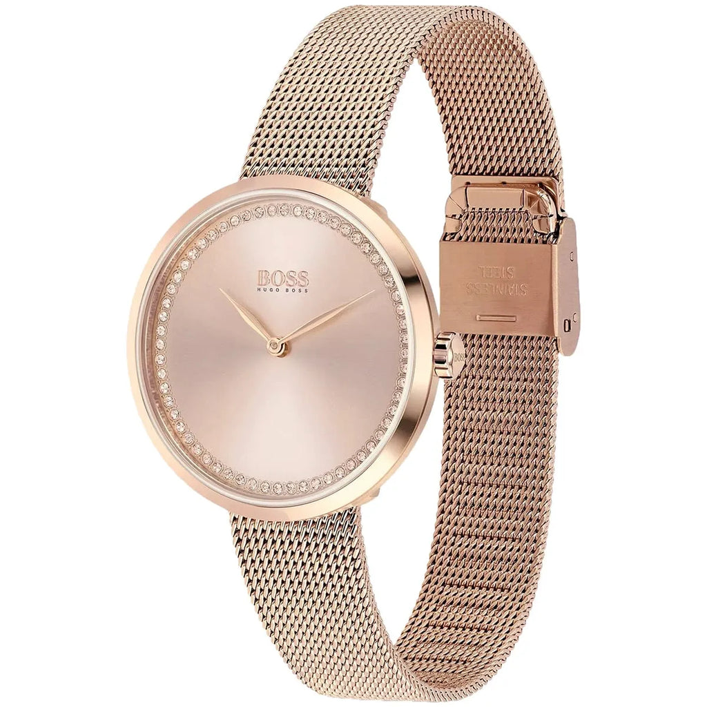 Hugo Boss Praise 1502548 36mm Women’s Two-Hand Quartz Watch – Rose Gold Sunray Dial with Crystal Ring & Rose Gold Stainless Steel Mesh Bracelet
