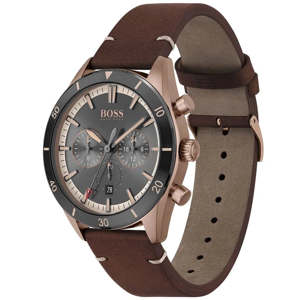 Hugo Boss Santiago 1513861 44mm Men’s Chronograph Watch – Grey Dial & Brown Leather Strap
