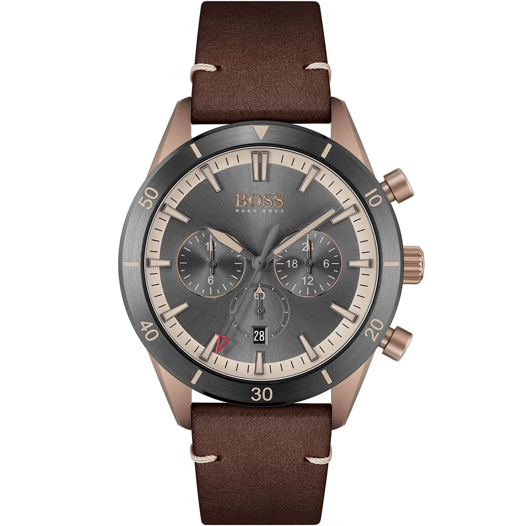 Hugo Boss Santiago 1513861 44mm Men’s Chronograph Watch – Grey Dial & Brown Leather Strap
