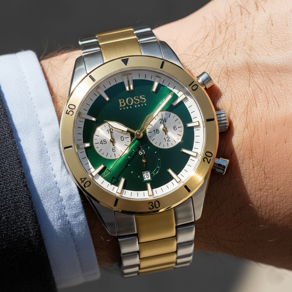 Hugo Boss Santiago 1513872 44mm Men’s Chronograph Watch – Green Dial & Stainless Steel Bracelet