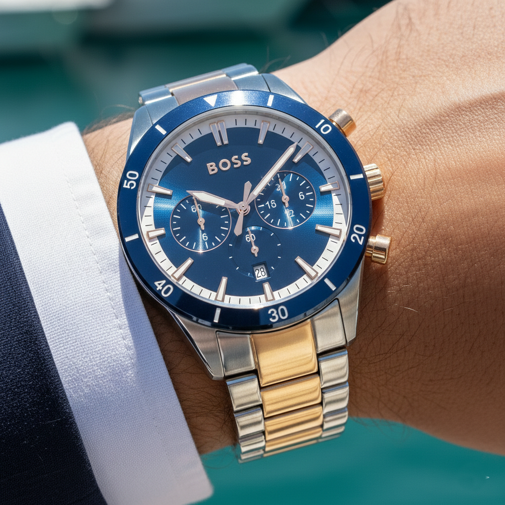 Hugo Boss Santiago 1513937 44mm Men’s Chronograph Watch – Blue Dial & Stainless Steel Bracelet