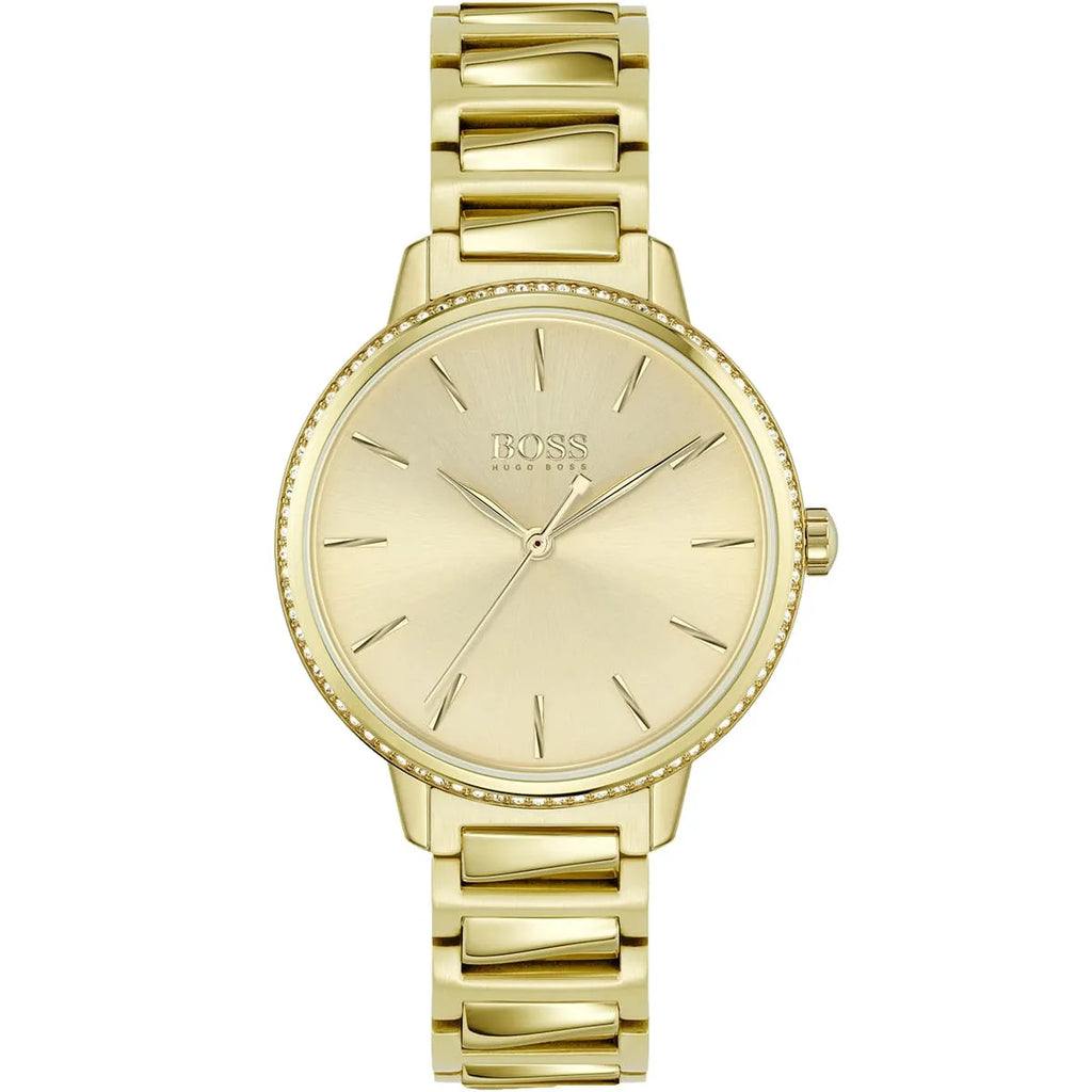 Hugo Boss Signature 1502541 34mm Women’s Quartz Watch – Gold Sunray Dial & Gold-Tone Stainless Steel Link Bracelet