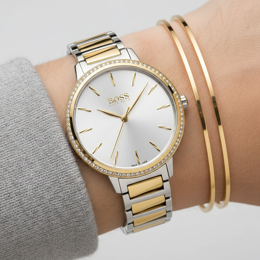 Hugo Boss Signature 1502568 34mm Women’s Quartz Watch – Silver Sunray Dial & Two-Tone Stainless Steel Link Bracelet