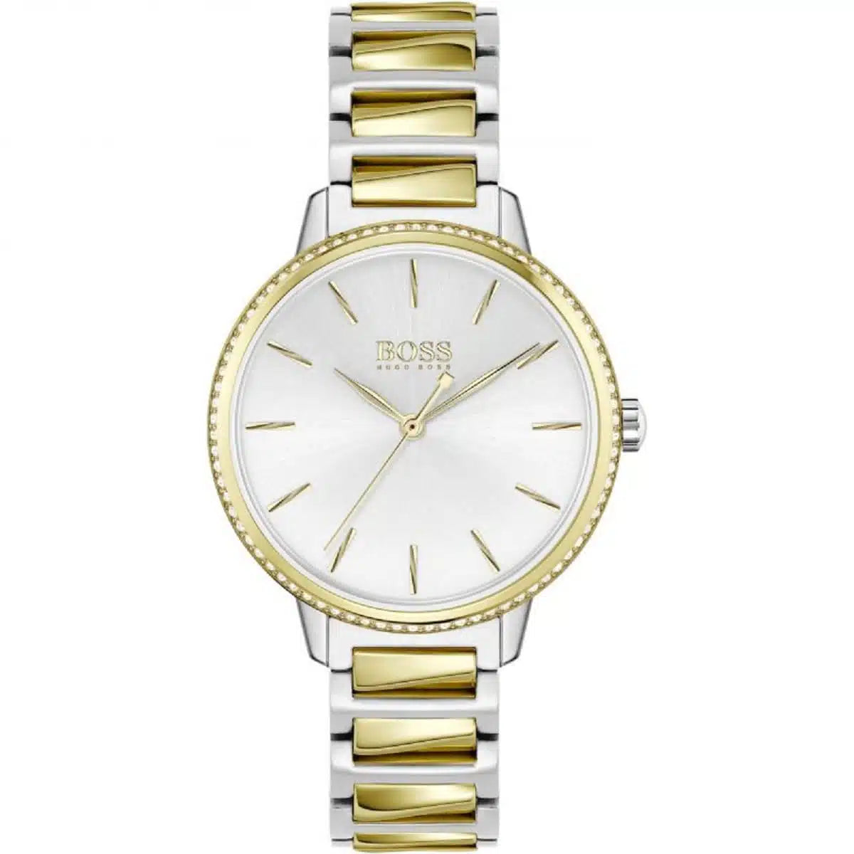 Hugo Boss Signature 1502568 34mm Women’s Quartz Watch – Silver Sunray Dial & Two-Tone Stainless Steel Link Bracelet
