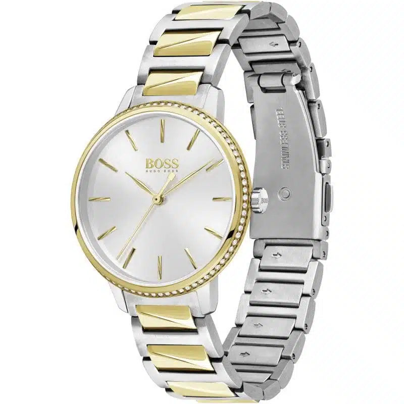 Hugo Boss Signature 1502568 34mm Women’s Quartz Watch – Silver Sunray Dial & Two-Tone Stainless Steel Link Bracelet