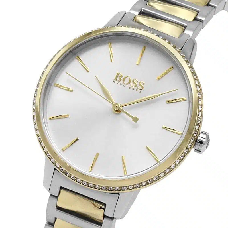 Hugo Boss Signature 1502568 34mm Women’s Quartz Watch – Silver Sunray Dial & Two-Tone Stainless Steel Link Bracelet