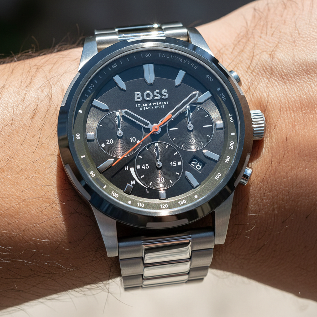 Hugo Boss Solgrade 1514034 44mm Men’s Solar Watch – Olive Green Sunray Dial & Stainless Steel Bracelet