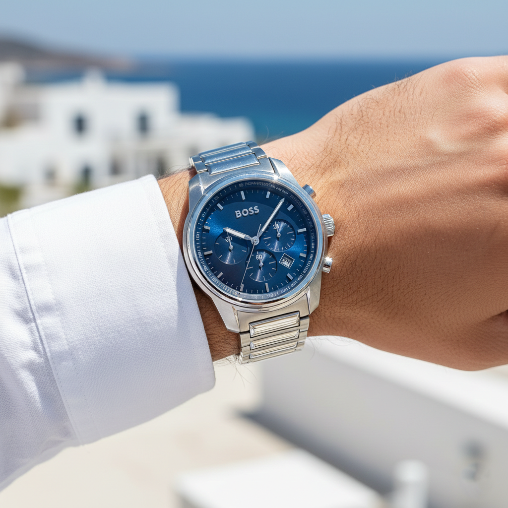 Hugo Boss Trace 1514007 44mm Men’s Chronograph Watch – Blue Dial & Stainless Steel Bracelet