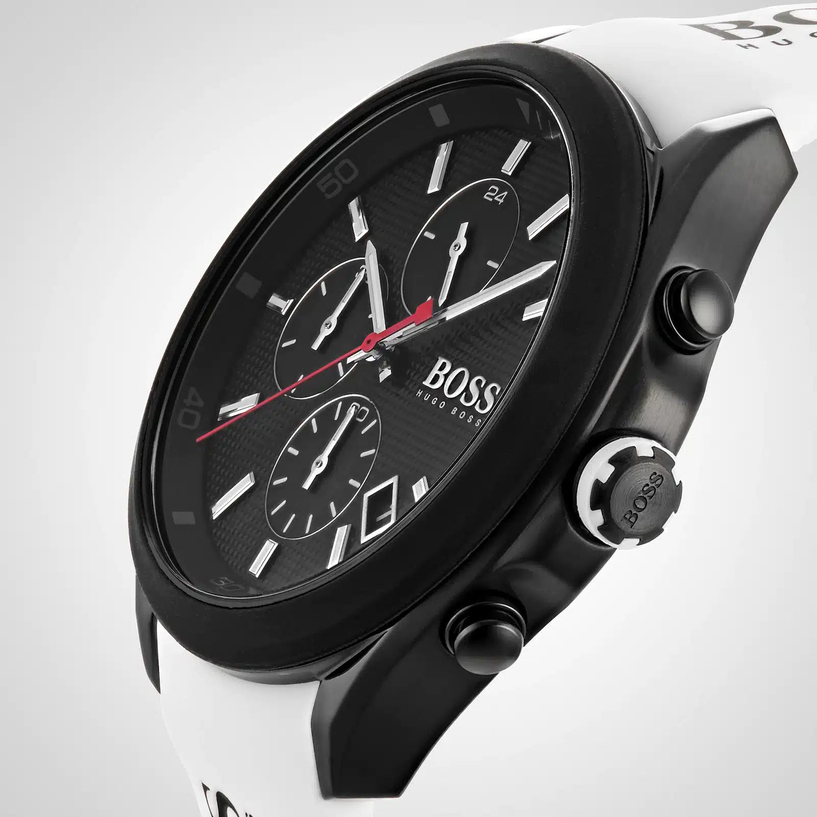 Hugo Boss Velocity 1513718 44mm Men’s Chronograph Watch – Black Dial & White Silicone Strap