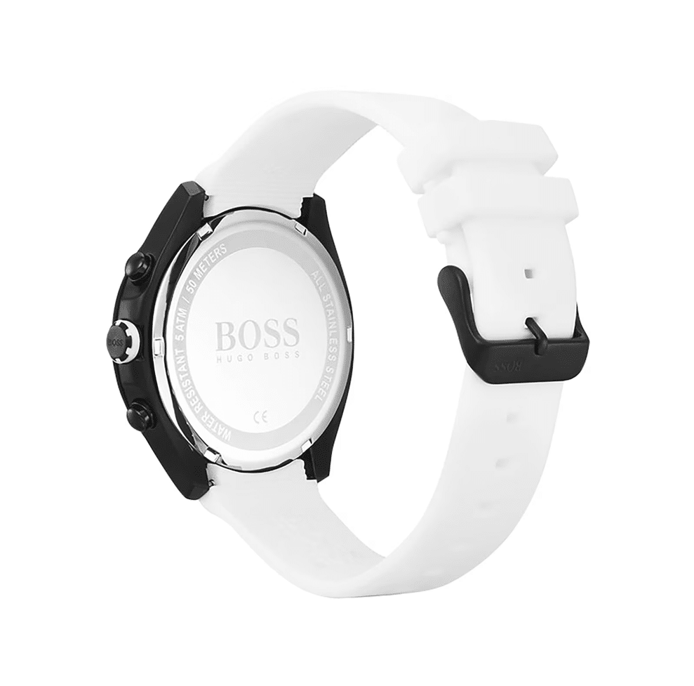 Hugo Boss Velocity 1513718 44mm Men’s Chronograph Watch – Black Dial & White Silicone Strap