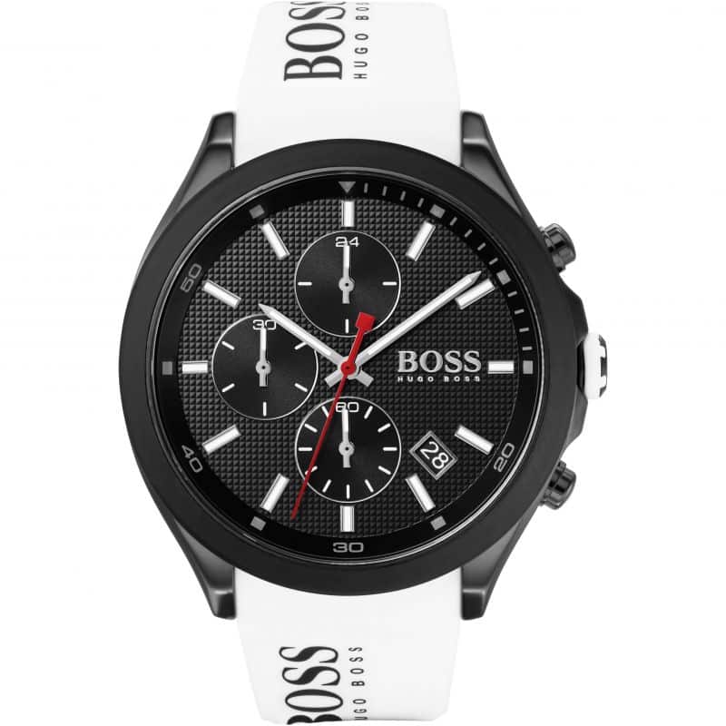 Hugo Boss Velocity 1513718 44mm Men’s Chronograph Watch – Black Dial & White Silicone Strap