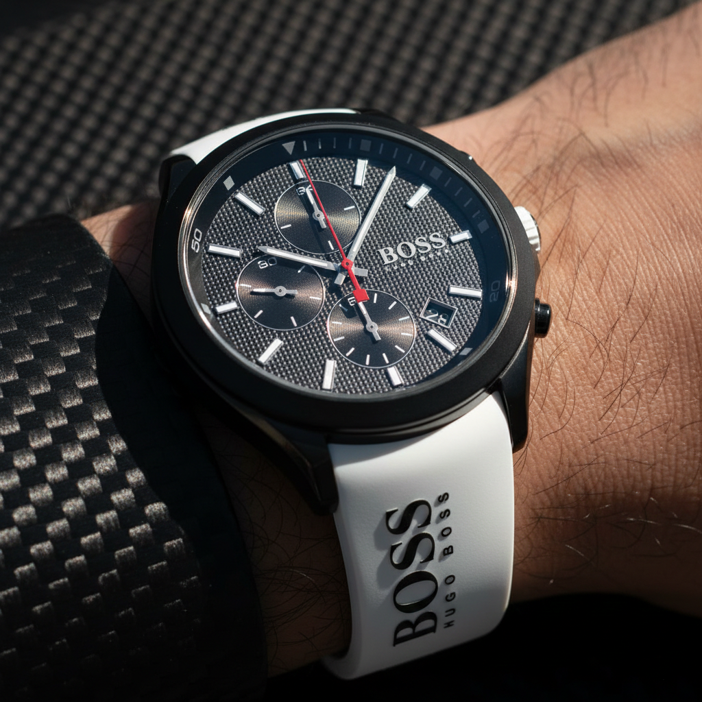 Hugo Boss Velocity 1513718 44mm Men’s Chronograph Watch – Black Dial & White Silicone Strap