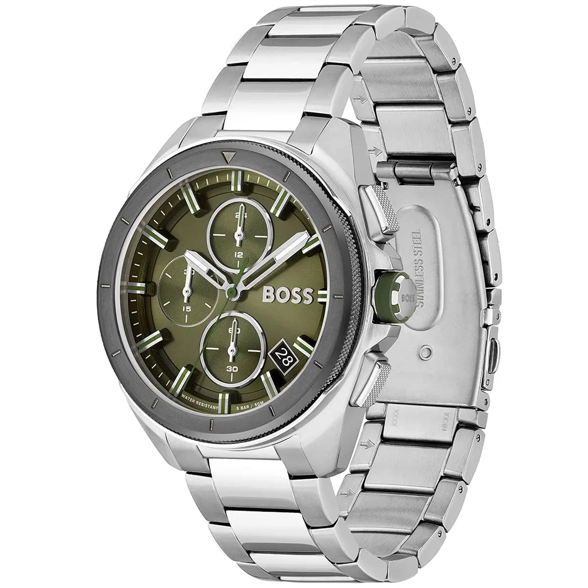 Hugo Boss Volane 1513951 44mm Men’s Chronograph Watch – Olive Green Dial & Silver Bracelet