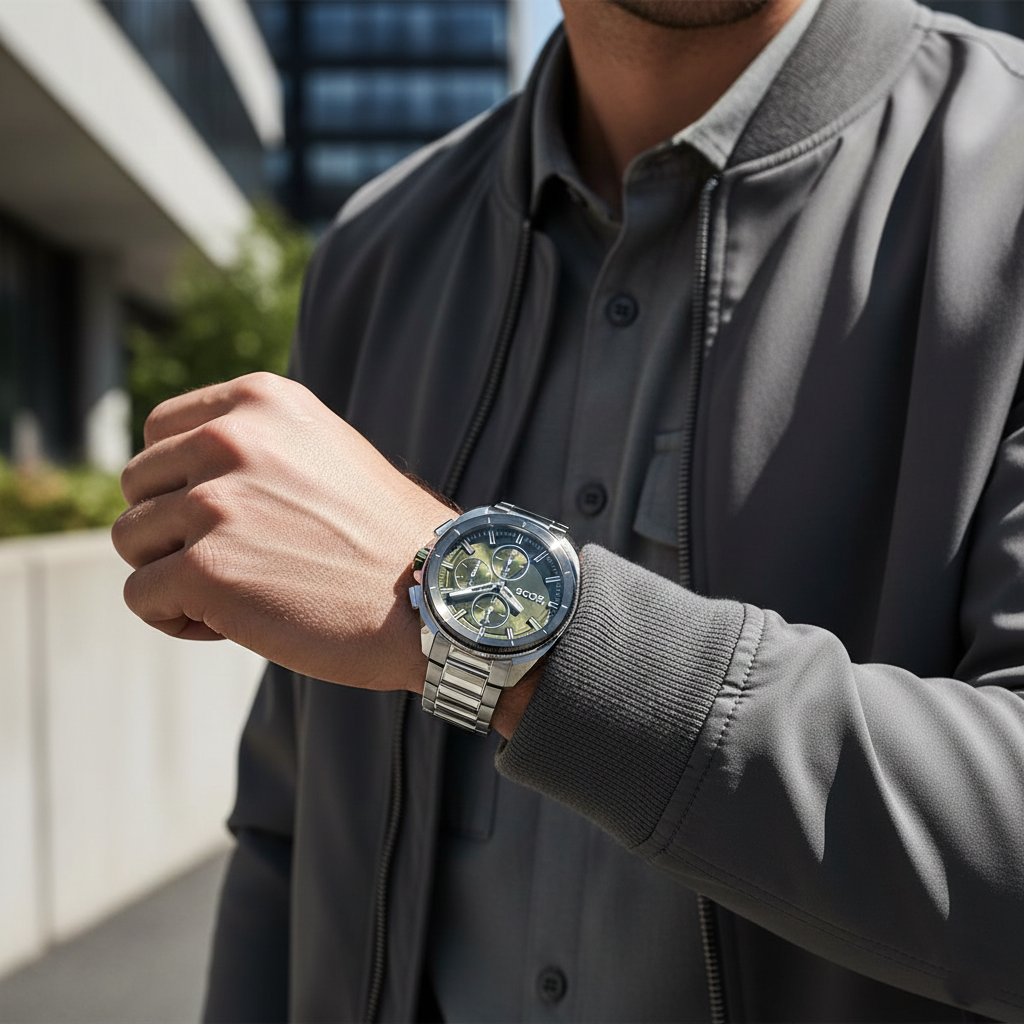 Hugo Boss Volane 1513951 44mm Men’s Chronograph Watch – Olive Green Dial & Silver Bracelet