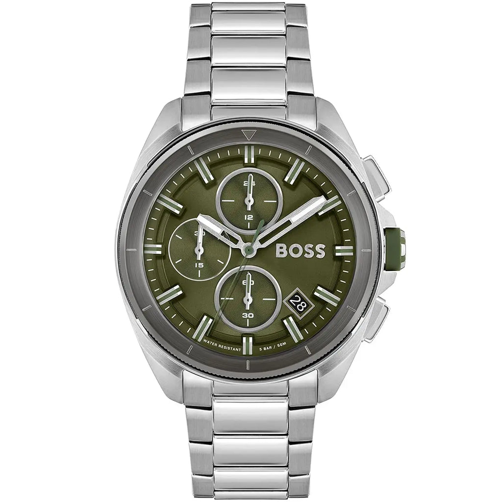 Hugo Boss Volane 1513951 44mm Men’s Chronograph Watch – Olive Green Dial & Silver Bracelet