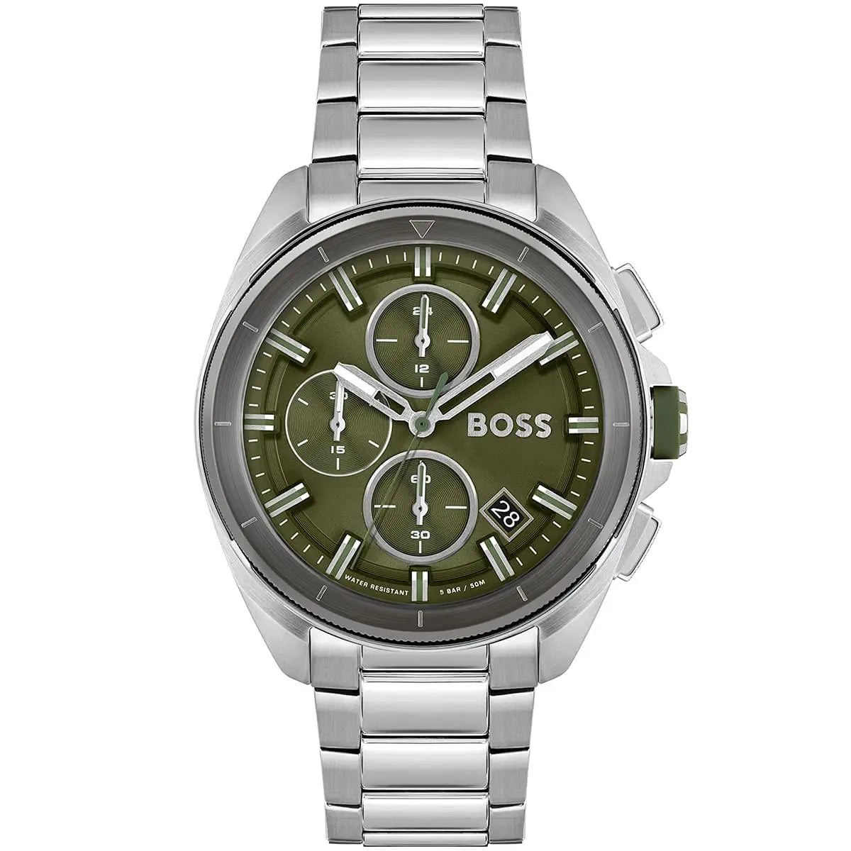 Hugo Boss Volane 1513951 44mm Men’s Chronograph Watch – Olive Green Dial & Silver Bracelet