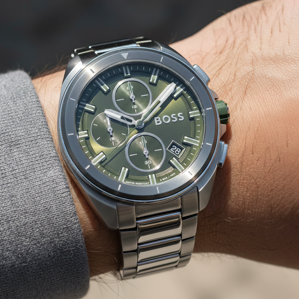 Hugo Boss Volane 1513951 44mm Men’s Chronograph Watch – Olive Green Dial & Silver Bracelet