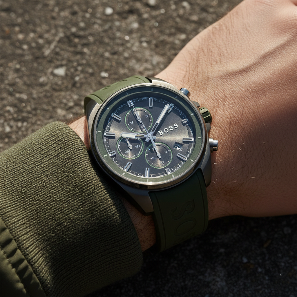Hugo Boss Volane 1513952 44mm Men’s Chronograph Watch – Grey Dial & Green Silicone Strap