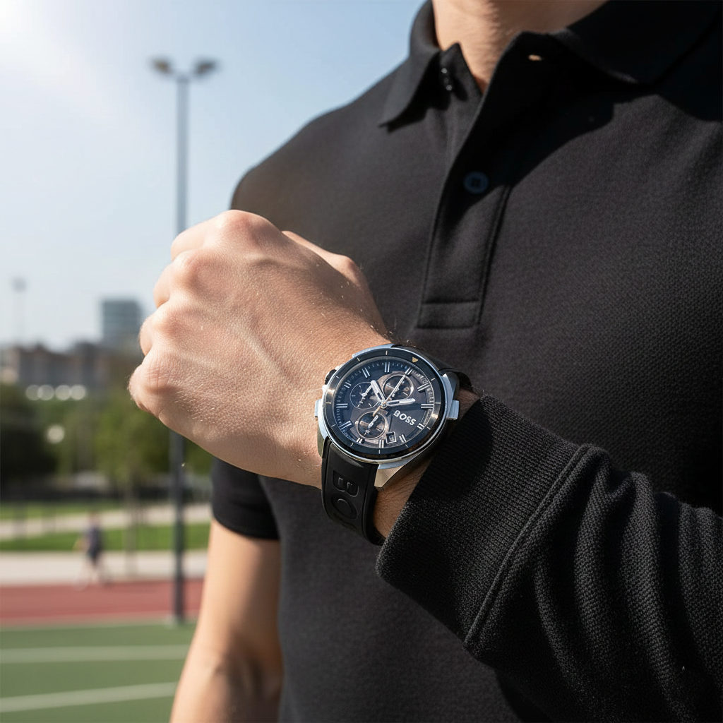 Hugo Boss Volane 1513953 44mm Men’s Chronograph Watch – Black Textured Dial & Black Silicone Strap
