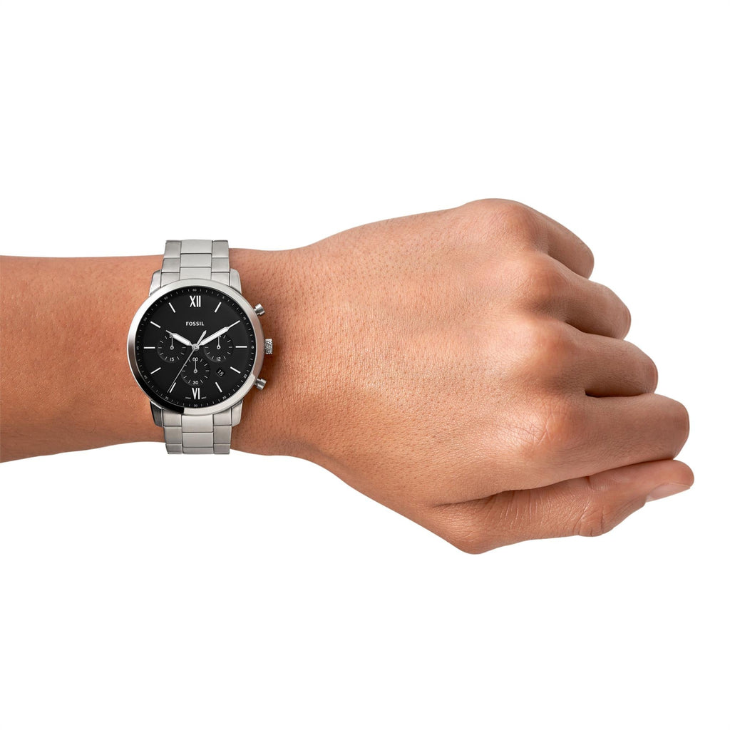 Fossil Neutra FS5384 44mm Men’s Chronograph Watch – Black Dial & Silver-tone Stainless Steel Bracelet