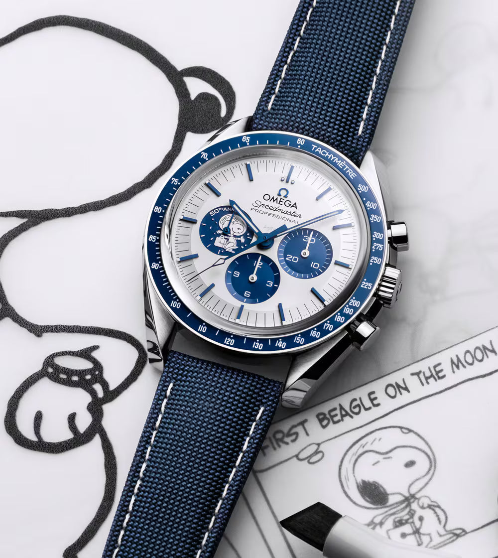 Omega Speedmaster “Silver Snoopy Award” 50th Anniversary Master Quality Watch – White Dial & Navy Leather Strap