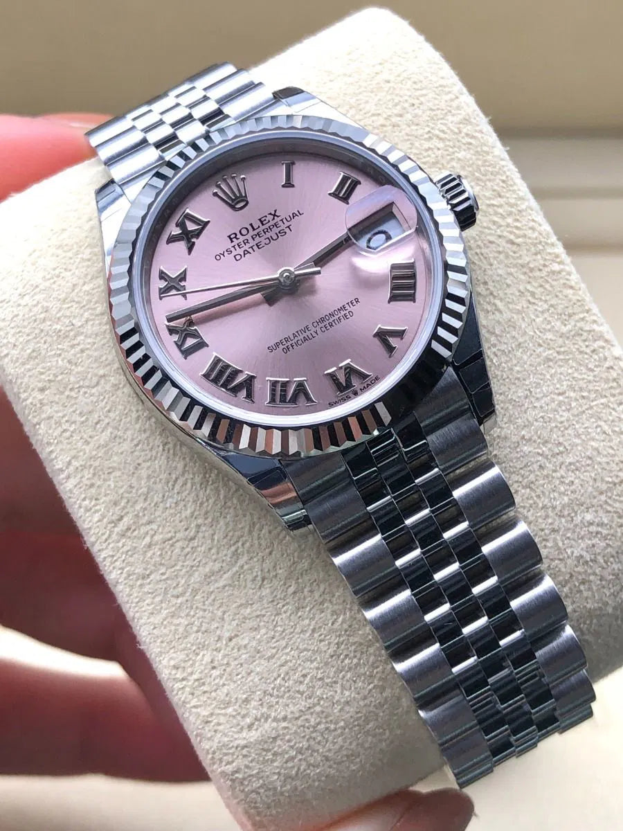 Rolex Datejust 31mm Women’s Master Quality Watch – Pink Roman Numeral Dial, Stainless Steel Jubilee Bracelet & Stainless Steel Fluted Bezel