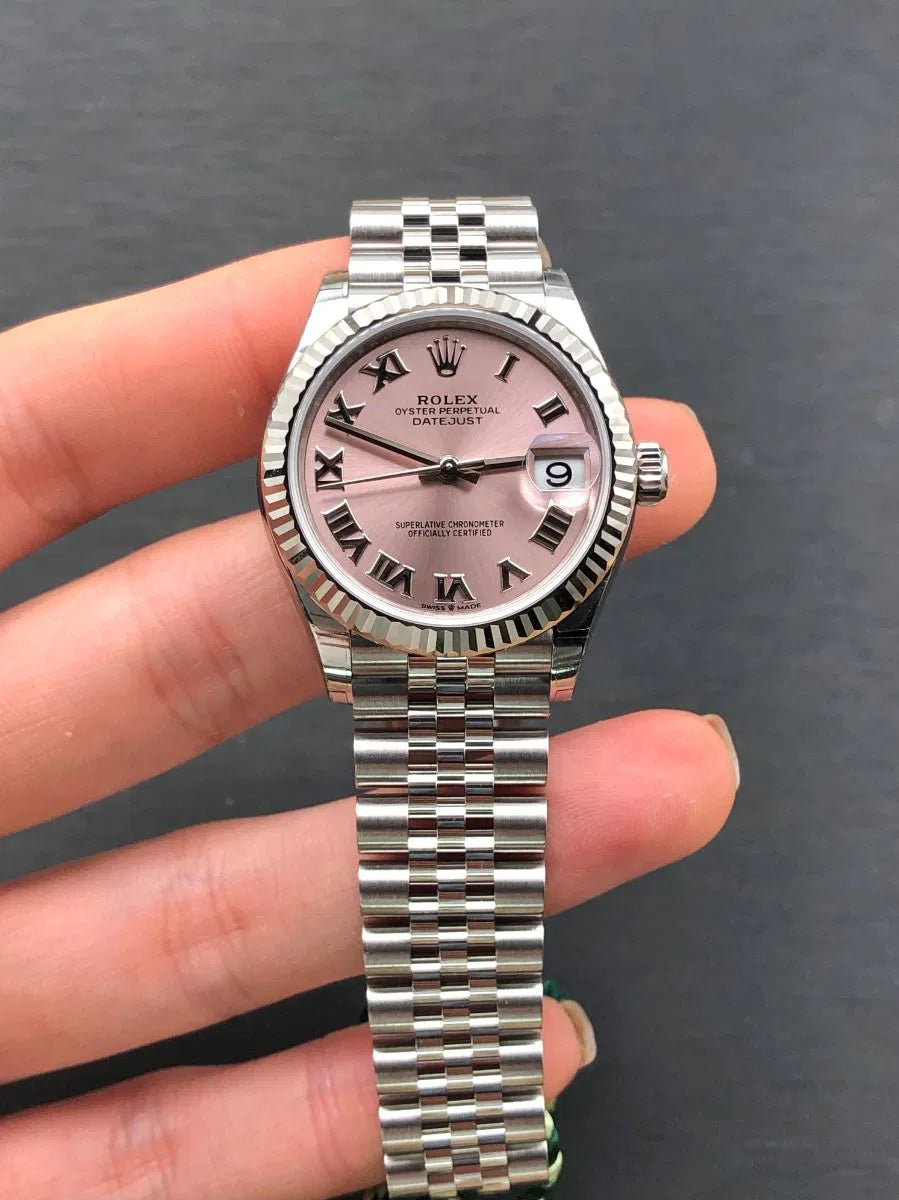 Rolex Datejust 31mm Women’s Master Quality Watch – Pink Roman Numeral Dial, Stainless Steel Jubilee Bracelet & Stainless Steel Fluted Bezel