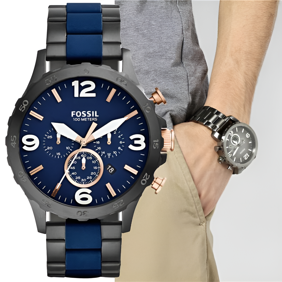 Fossil Nate JR1494 50mm Men’s Chronograph Watch – Blue Dial & Black and Blue-tone Stainless Steel Bracelet