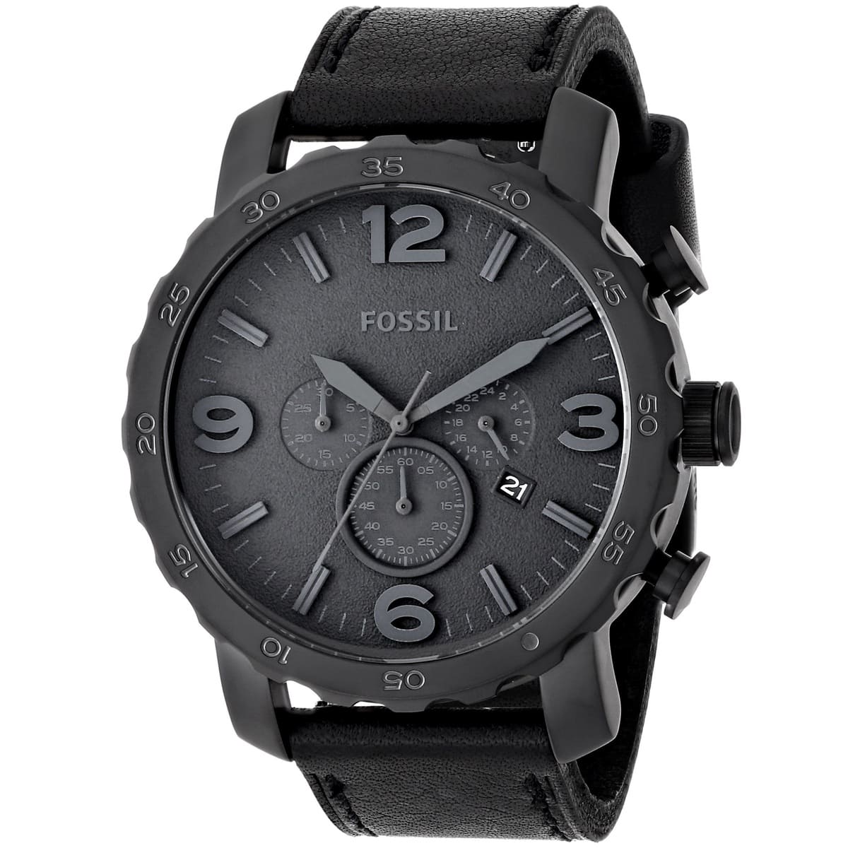 Fossil Nate JR1354 50mm Men’s Chronograph Watch – Black Dial & Black Genuine Leather Strap