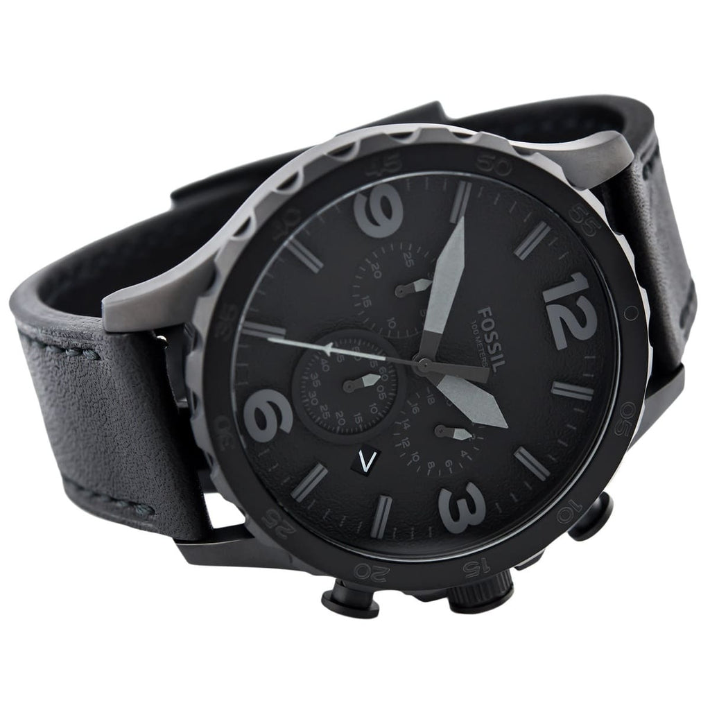 Fossil Nate JR1354 50mm Men’s Chronograph Watch – Black Dial & Black Genuine Leather Strap