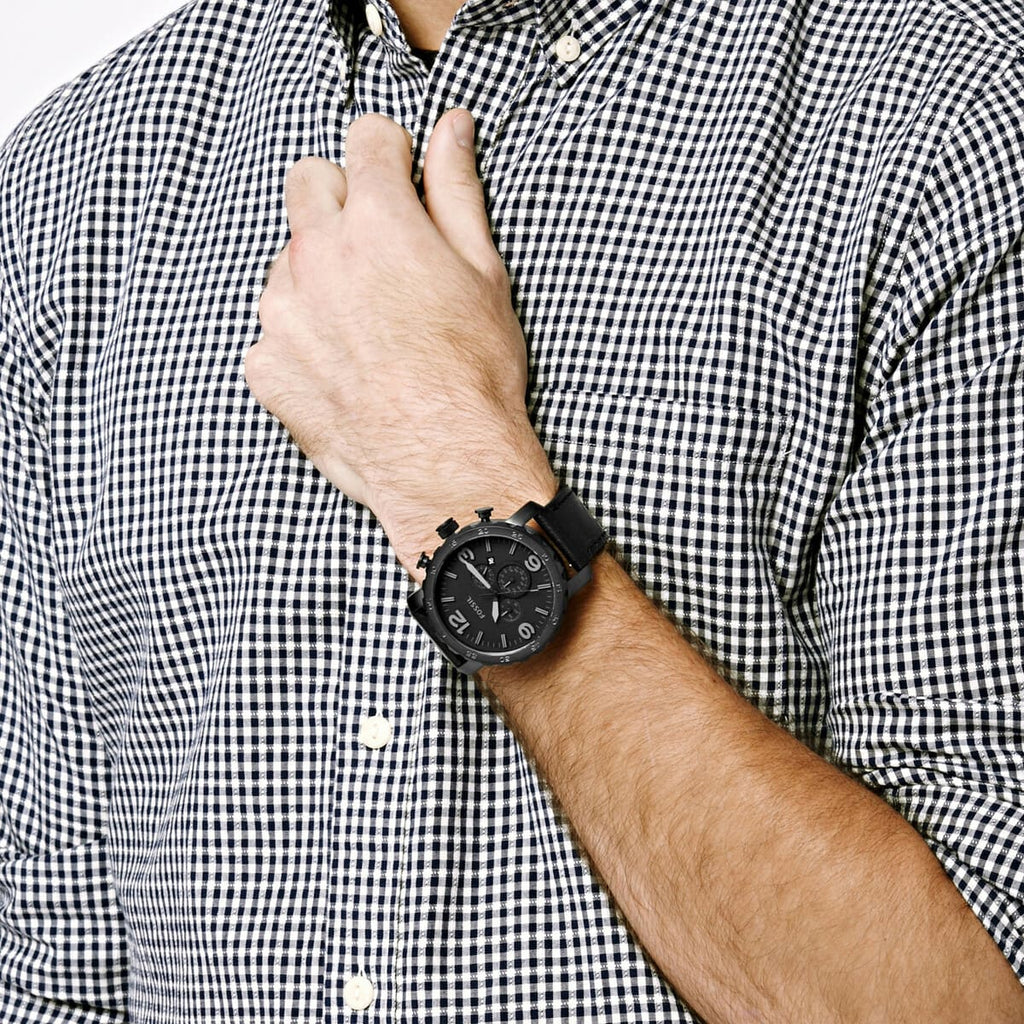 Fossil Nate JR1354 50mm Men’s Chronograph Watch – Black Dial & Black Genuine Leather Strap