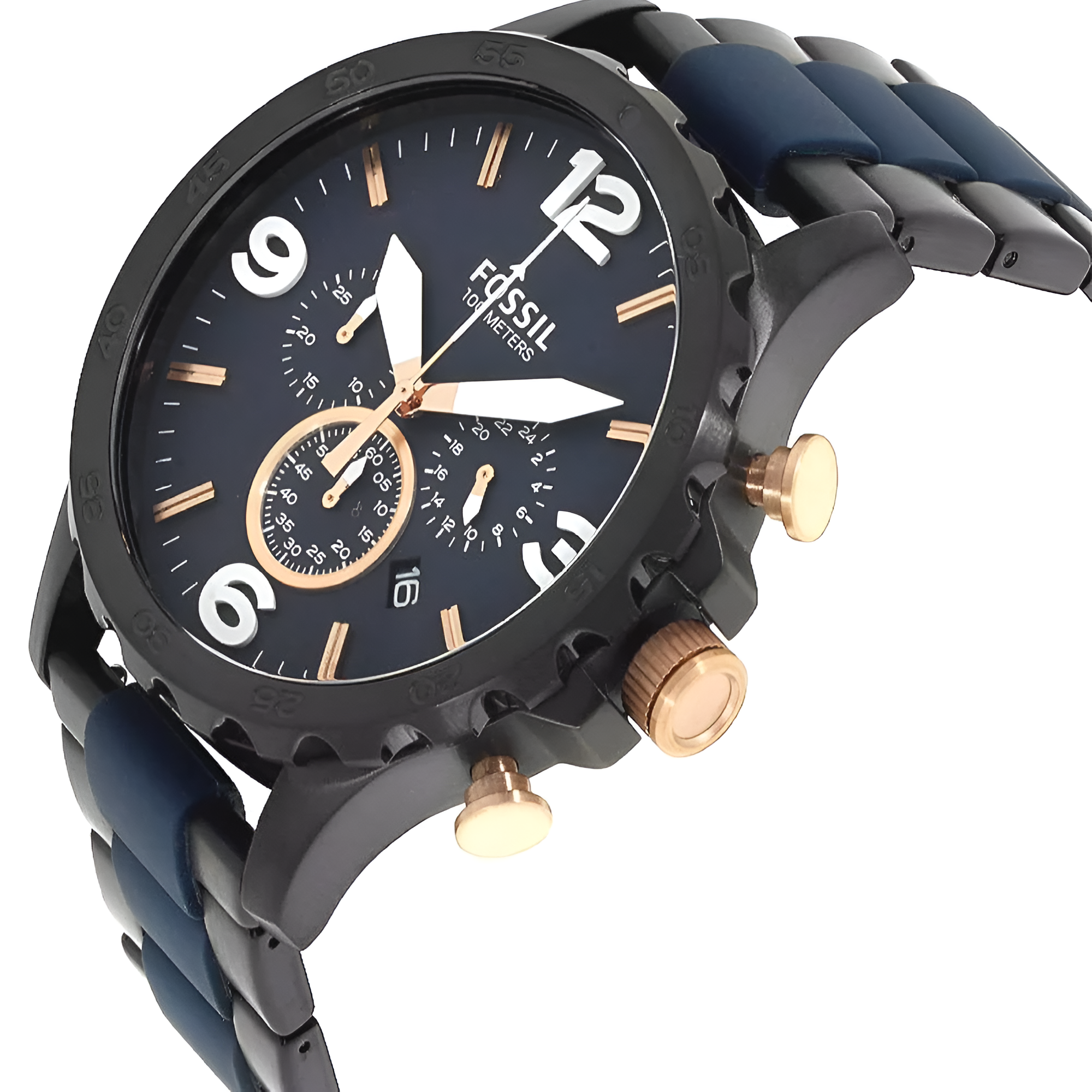 Fossil Nate JR1494 50mm Men’s Chronograph Watch – Blue Dial & Black and Blue-tone Stainless Steel Bracelet