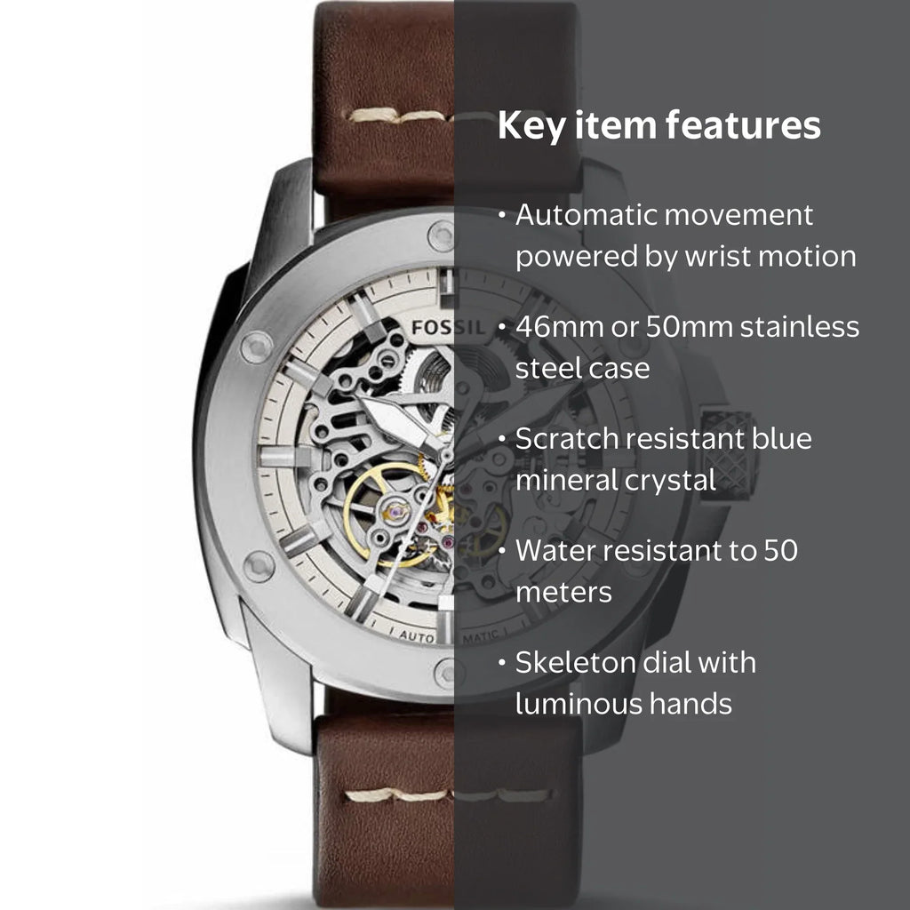 Fossil Modern Machine ME3083 50mm Men’s Automatic Watch – White Dial & Brown Genuine Leather Strap