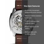 Fossil Modern Machine ME3083 50mm Men’s Automatic Watch – White Dial & Brown Genuine Leather Strap