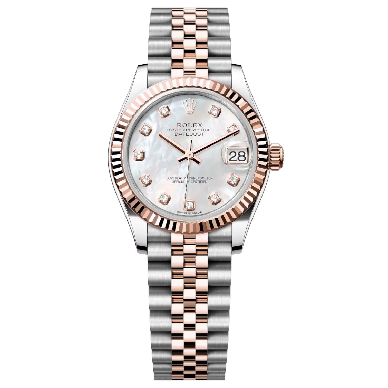 Rolex Datejust 31mm Women’s Master Quality Watch – Silver Mother-of-Pearl Dial, Rose Two-Tone Jubilee Bracelet & Rose Gold-Tone Fluted Bezel
