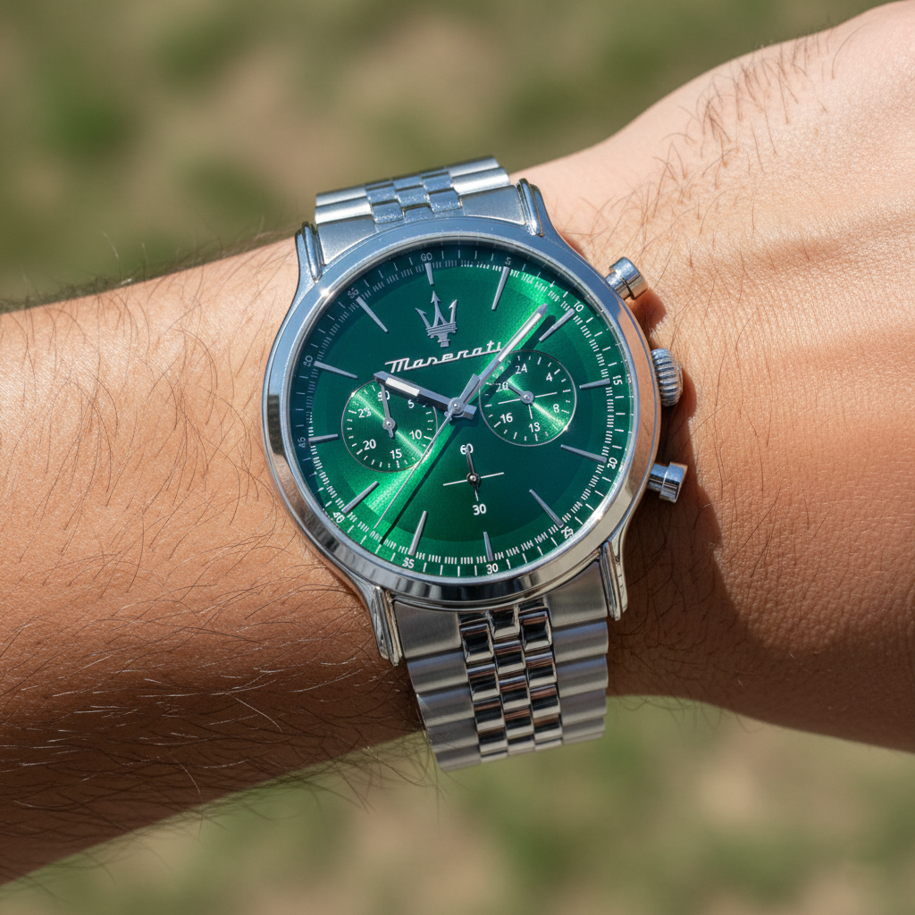 Maserati Epoca R8873618033 42mm Men’s Chronograph Watch – Green Sunray Dial & Distinguished Silver Jubilee Link Bracelet